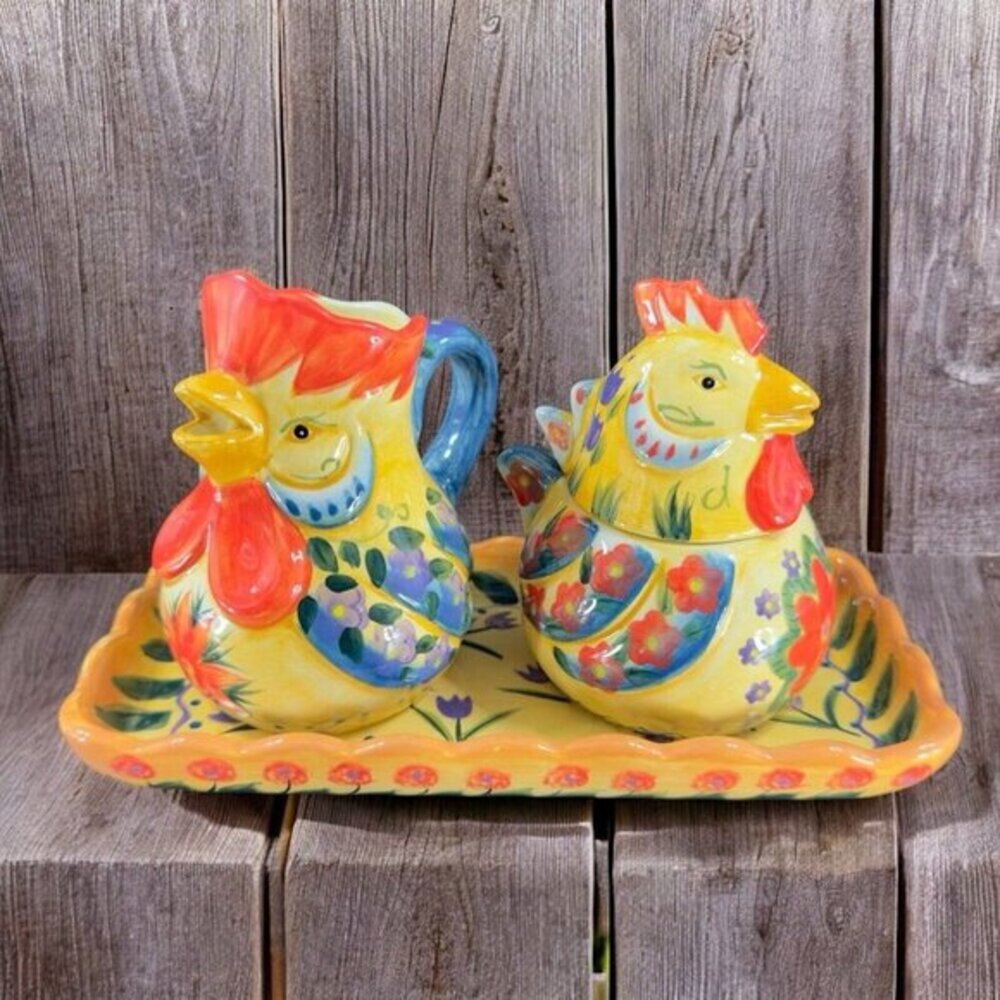 Fontana Dario Farrucci Collection Set Rooster Sugar Bowl Creamer And Tray Set